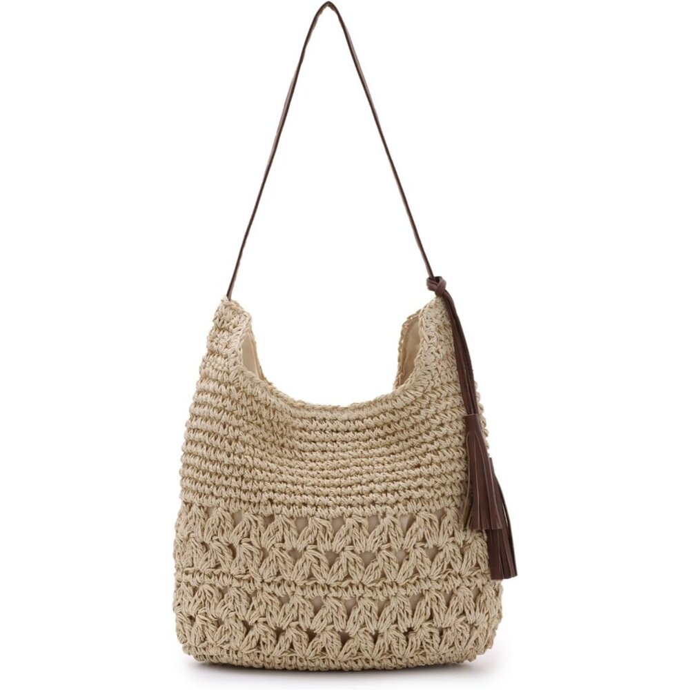 Women Straw Woven Tote Bag Summer Beach Shoulder Bag Handmade Crochet Hobo Purse